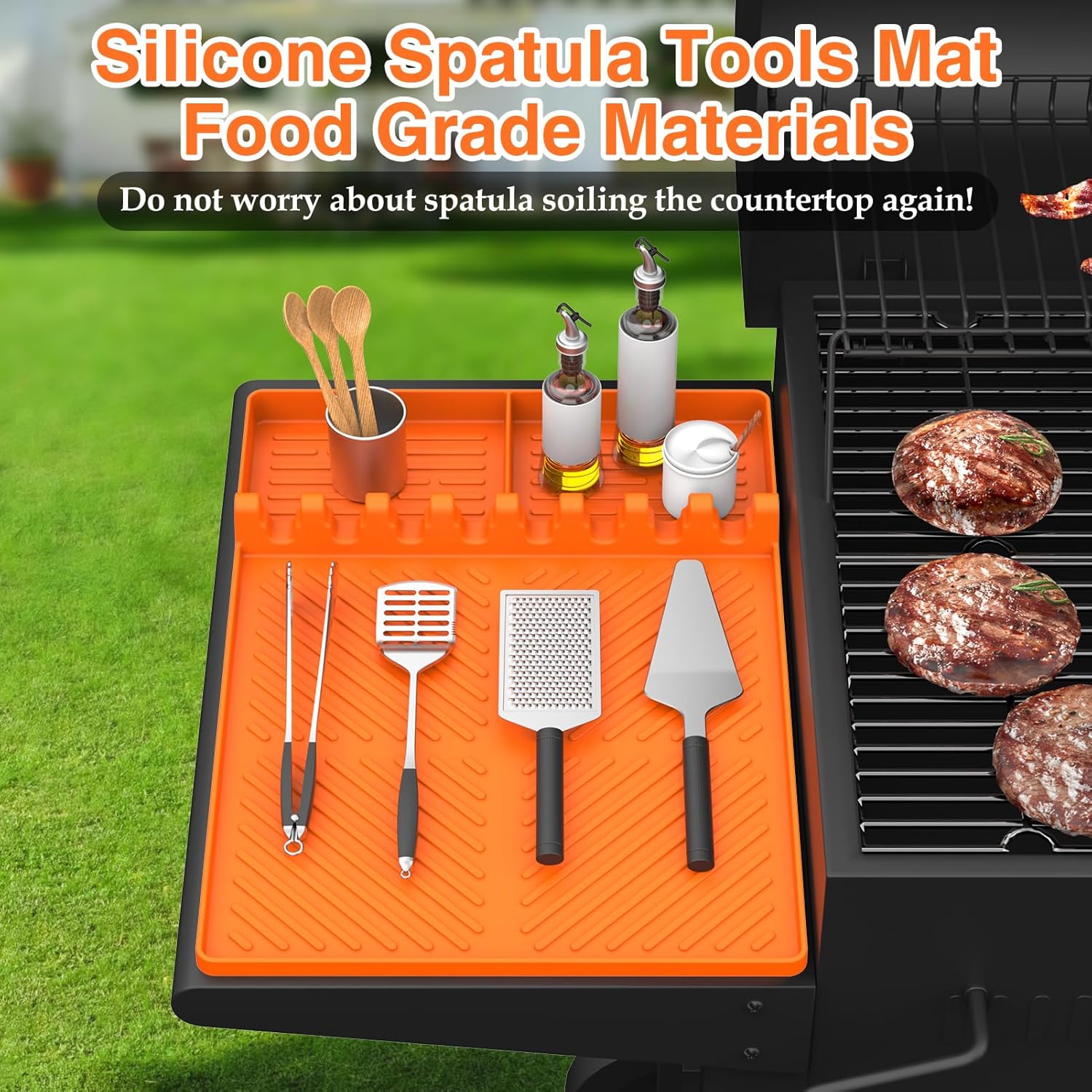Orange Silicone Griddle Tools Mat for Blackstone - Non-Slip Side Shelf Mat for Outdoor Grill - Drip Pad Included