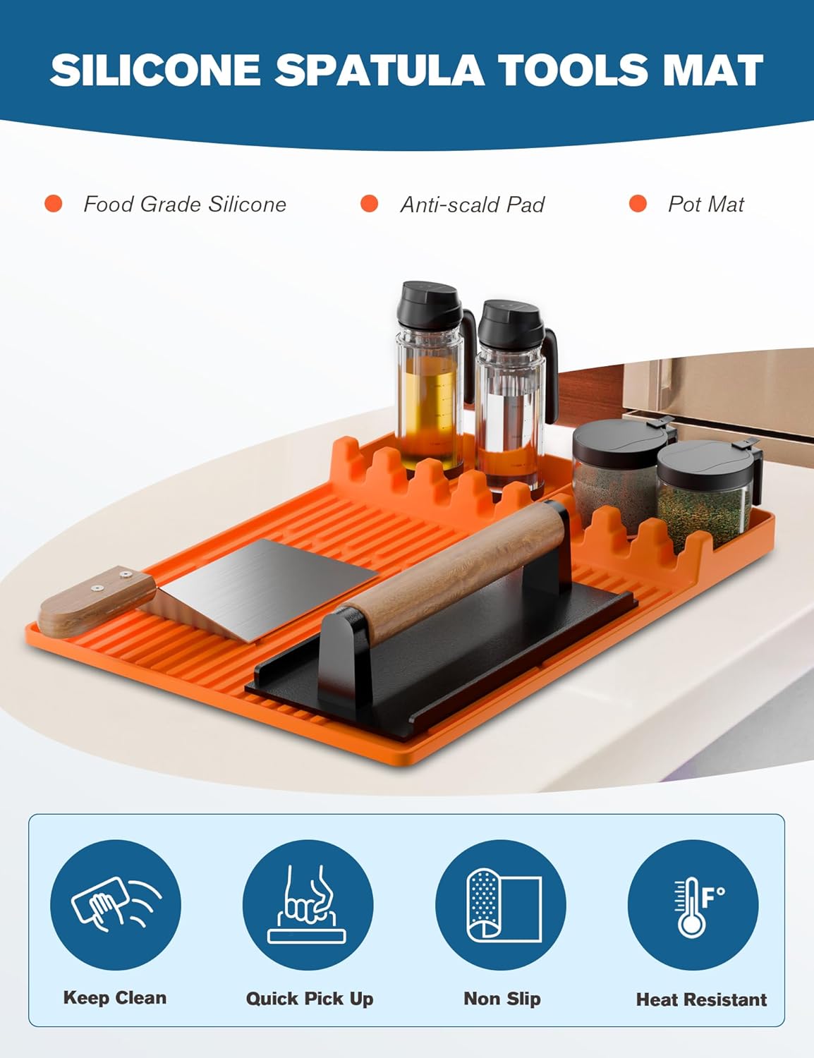 Orange Silicone Griddle Tools Mat for Blackstone - Heat Resistant BBQ Grill Pad, Spatula Rest - Cooking & Countertop Accessories