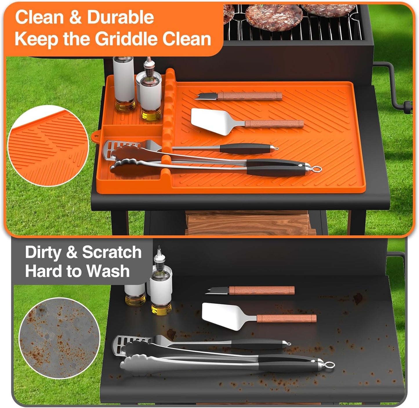 Orange Silicone Griddle Tools Mat for Blackstone - Non-Slip Side Shelf Mat for Outdoor Grill - Drip Pad Included