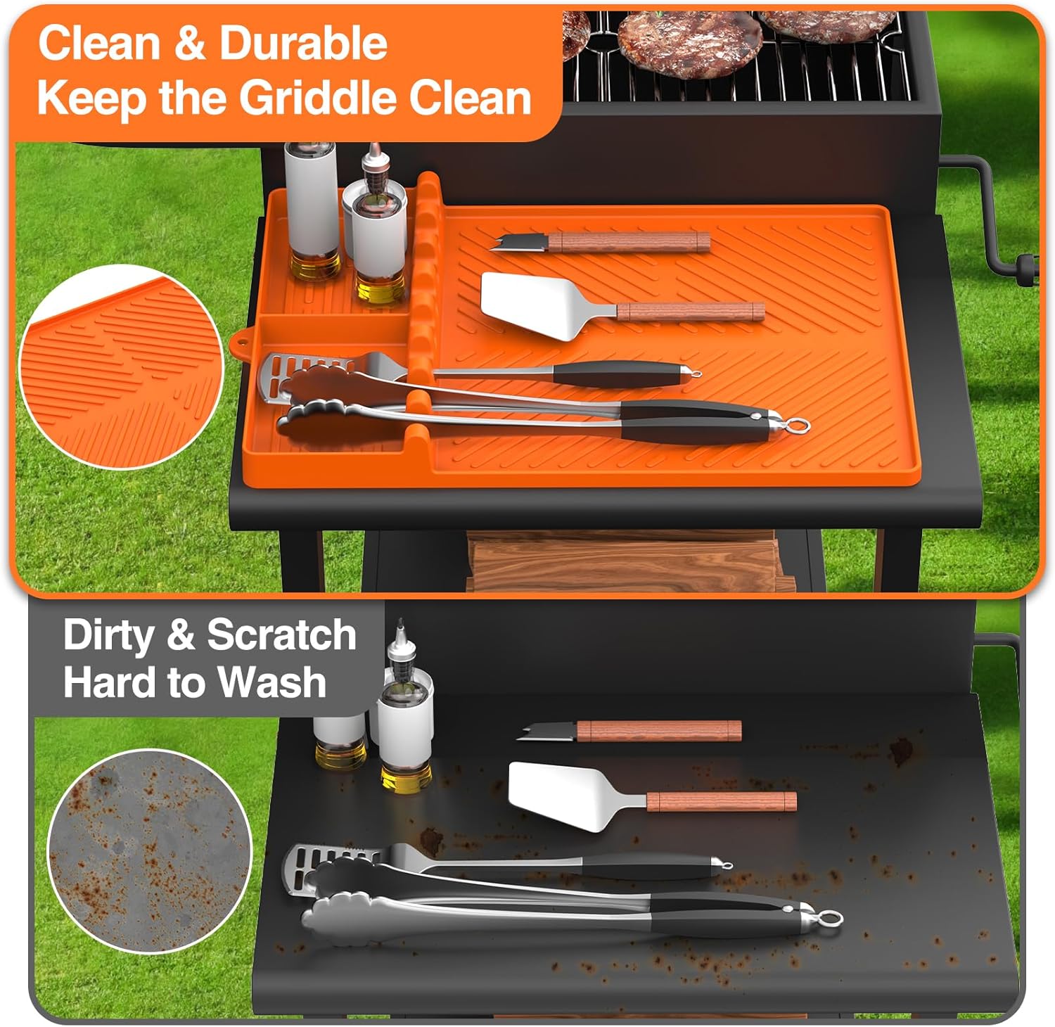 Orange Silicone Griddle Tools Mat for Blackstone - Non-Slip Side Shelf Mat for Outdoor Grill - Drip Pad Included