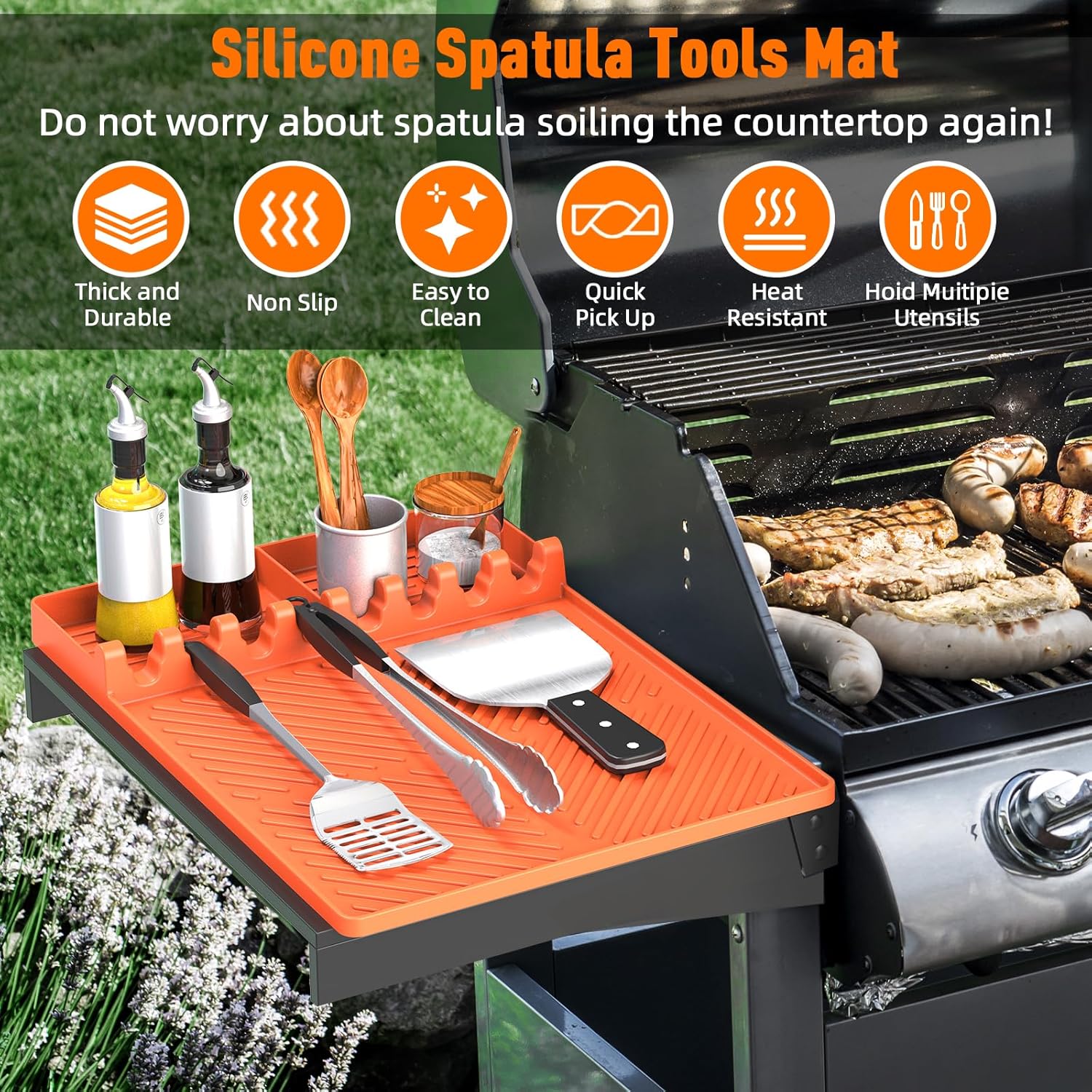 Orange Silicone Grill Mat for Blackstone Griddle Tools with Drip Pad - Spatula Mat for Outdoor Kitchen Counter