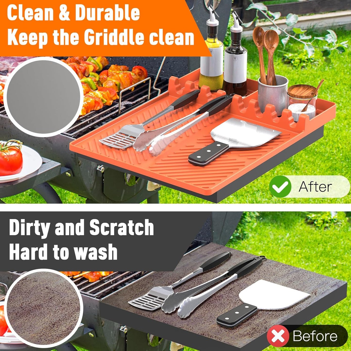 Orange Silicone Grill Mat for Blackstone Griddle Tools with Drip Pad - Spatula Mat for Outdoor Kitchen Counter