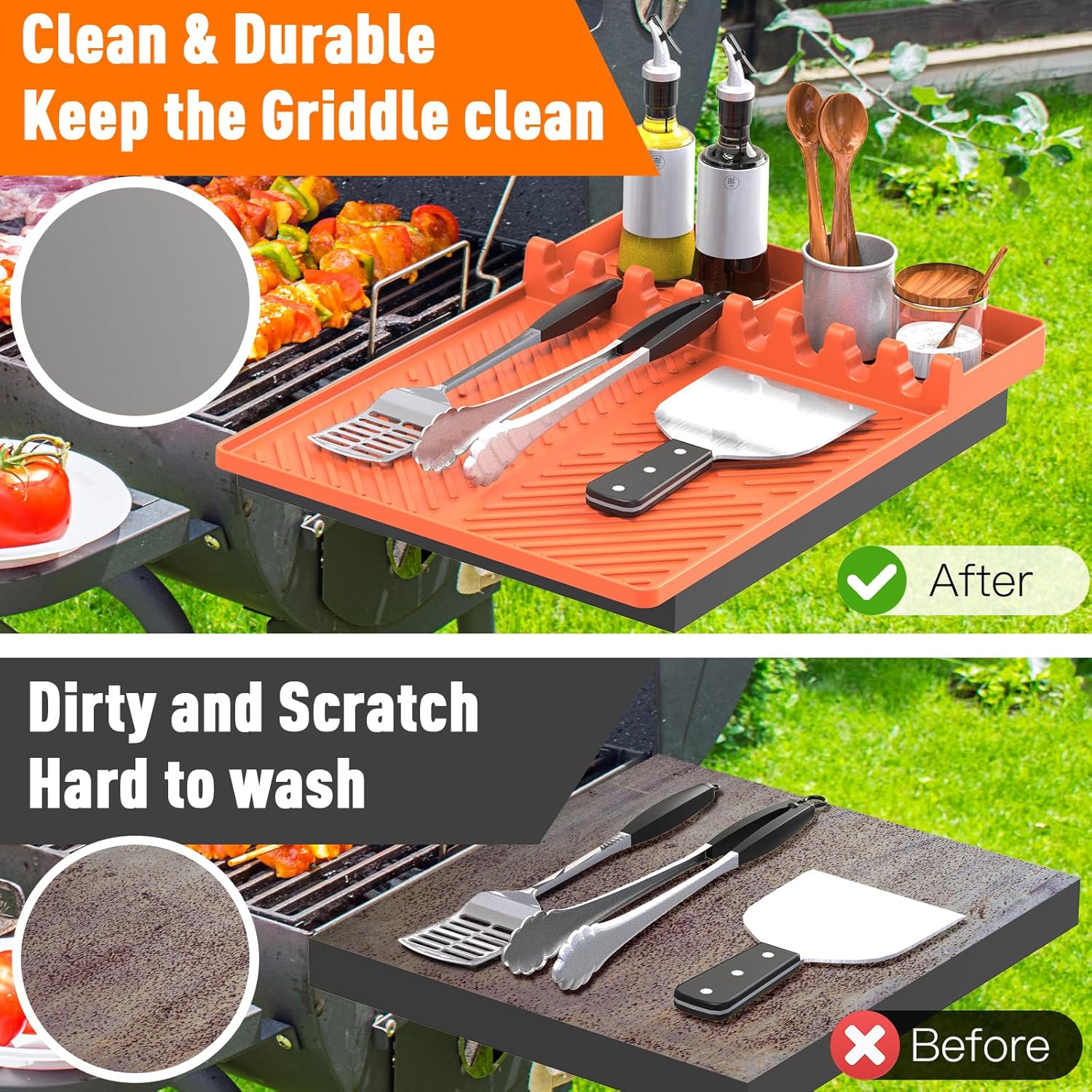 Orange Silicone Grill Mat for Blackstone Griddle Tools with Drip Pad - Spatula Mat for Outdoor Kitchen Counter