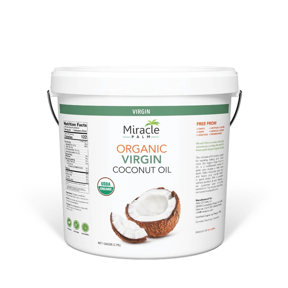 Organic Miracle Palm Virgin Coconut Oil for Skin, Hair, Cooking & Baby Care - 1 Gallon Unrefined Coconut Oil for Baking, Sautéing & Stir Frying