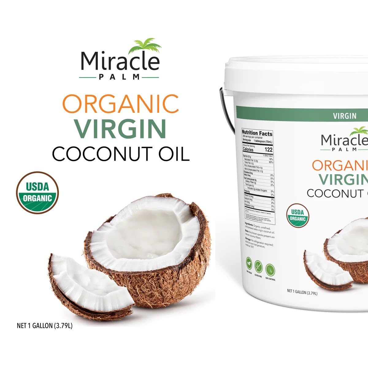 Organic Miracle Palm Virgin Coconut Oil for Skin, Hair, Cooking & Baby Care - 1 Gallon Unrefined Coconut Oil for Baking, Sautéing & Stir Frying