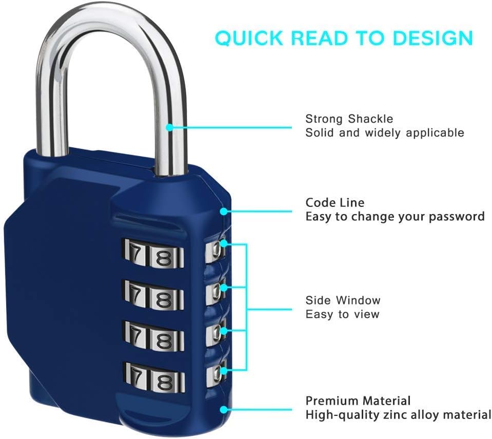 Outdoor Combination Locker Lock - 4 Digit Padlock for Gym, School, Gates, Doors, Fence, Hasps, Storage - Black, Blue, Silver Locks