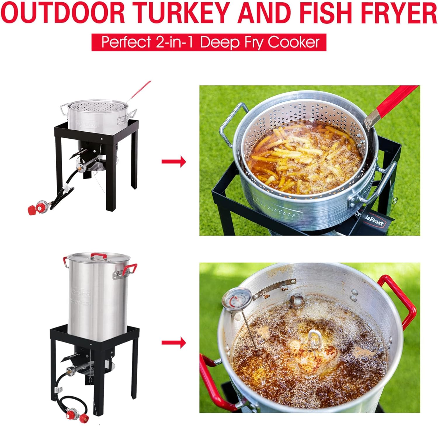 Outdoor Cooking Set: CreoleFeast TFS3010 Propane 30 Qt. Turkey and 10 Qt. Fish Fryer Boiler Steamer with 50,000 BTU Burner