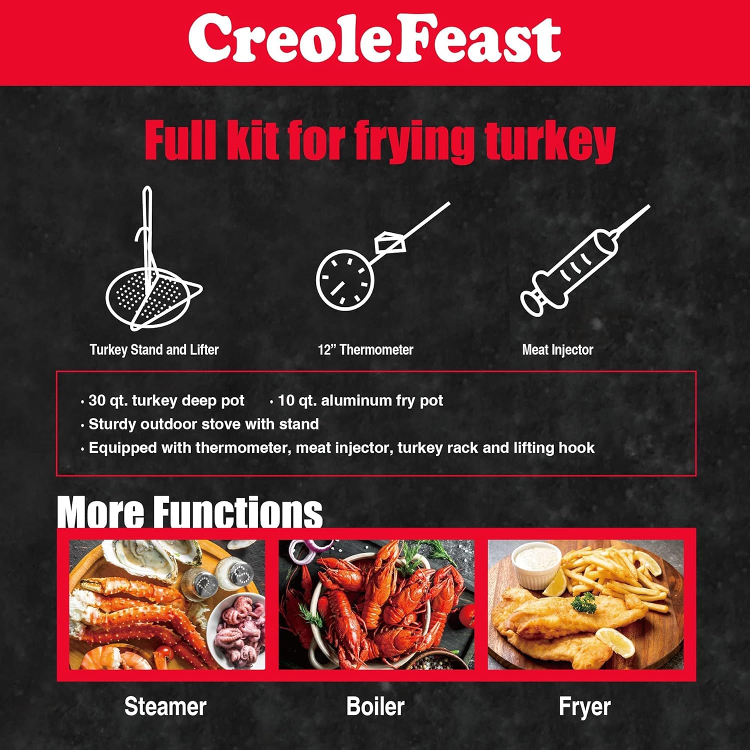 Outdoor Cooking Set: CreoleFeast TFS3010 Propane 30 Qt. Turkey and 10 Qt. Fish Fryer Boiler Steamer with 50,000 BTU Burner