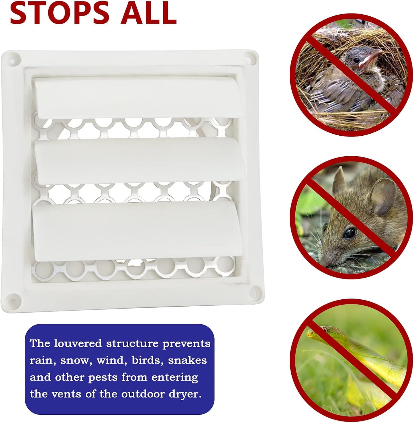 Outdoor Dryer Vent Cover with Pest Guard Screen, Aluminum Louvered Exhaust Cap for 4" Opening Hood Duct - White