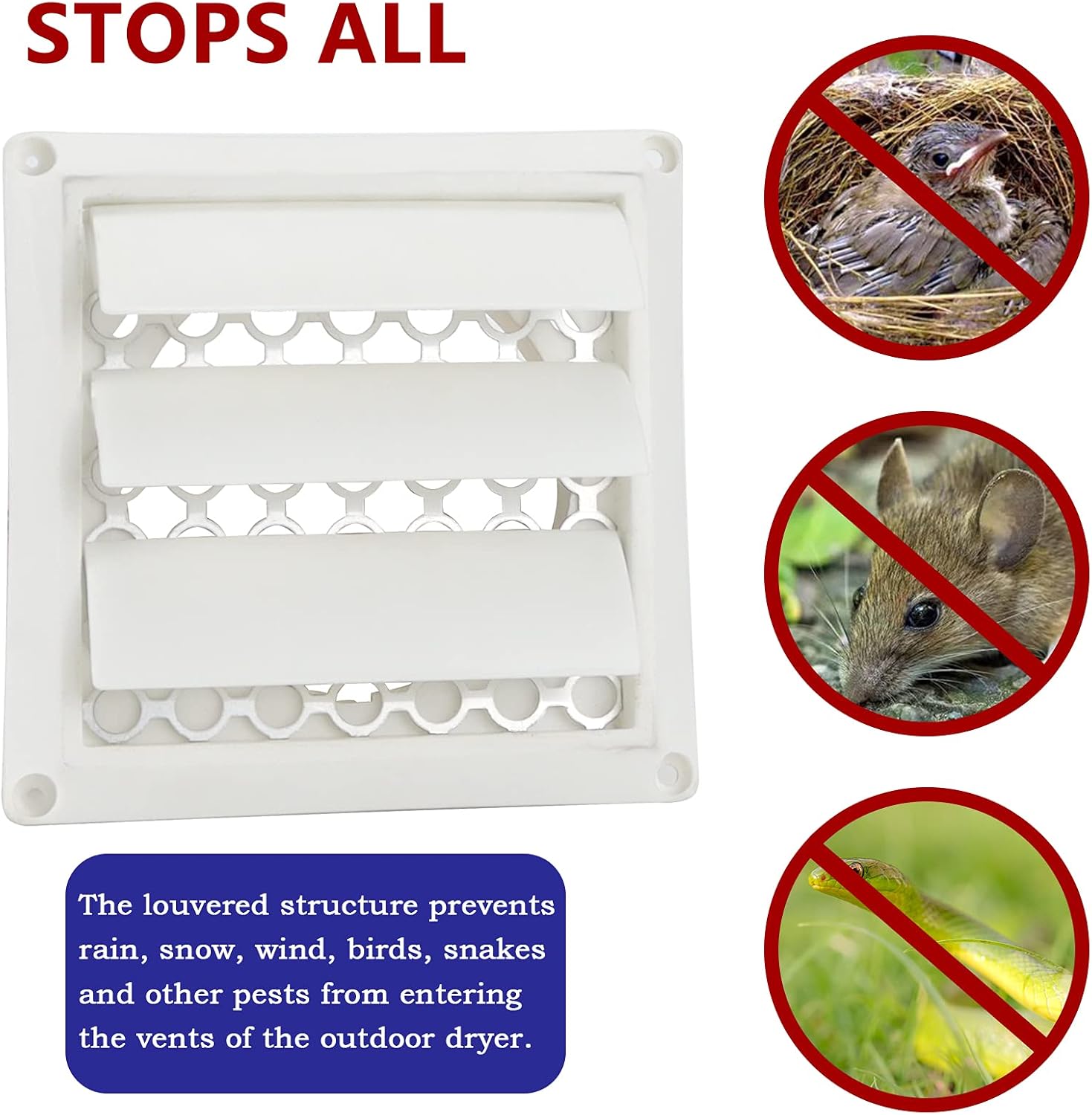 Outdoor Dryer Vent Cover with Pest Guard Screen, Aluminum Louvered Exhaust Cap for 4" Opening Hood Duct - White