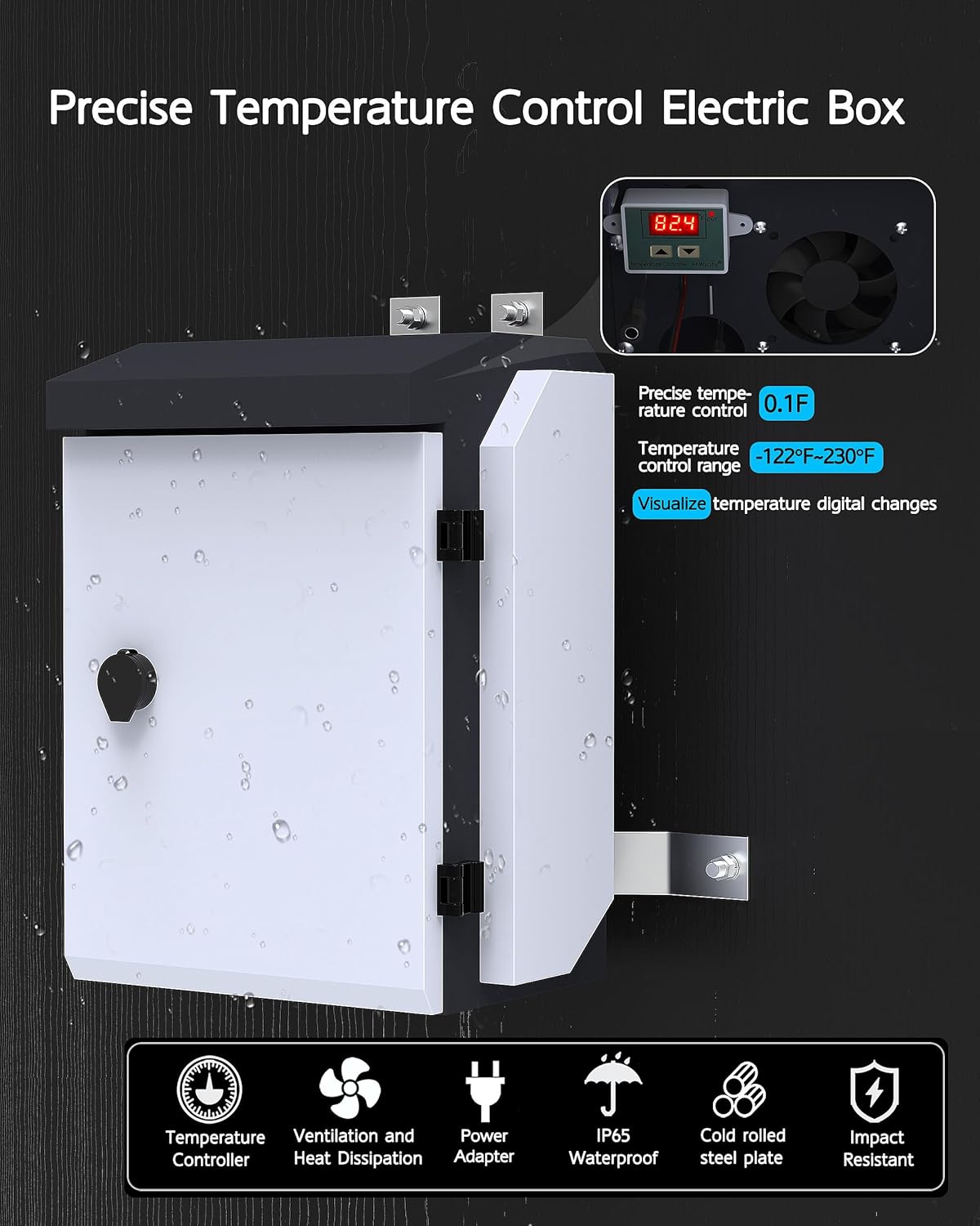 Outdoor Electrical Box with Thermostat and Fan for Precise Temperature Control, IP65 Water Resistant Rating, 15.7"x12.6"x9.6" Dimensions