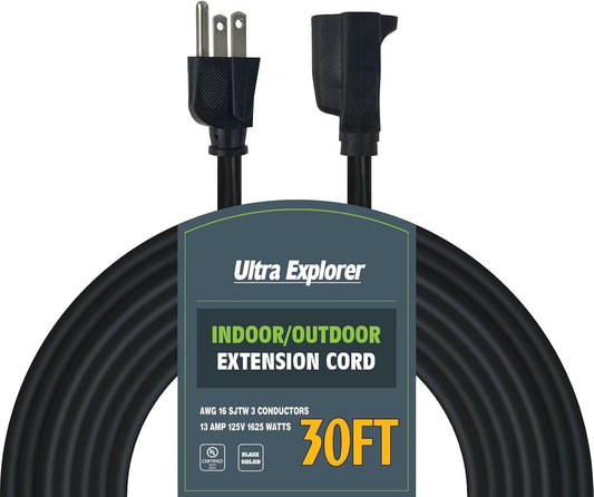 Outdoor Extension Cord 30 Ft - Waterproof 16/3 Electric Cord, 16 Gauge 3 Prong, SJTW, 13A 1625W 125V, Grounded Plug, Black