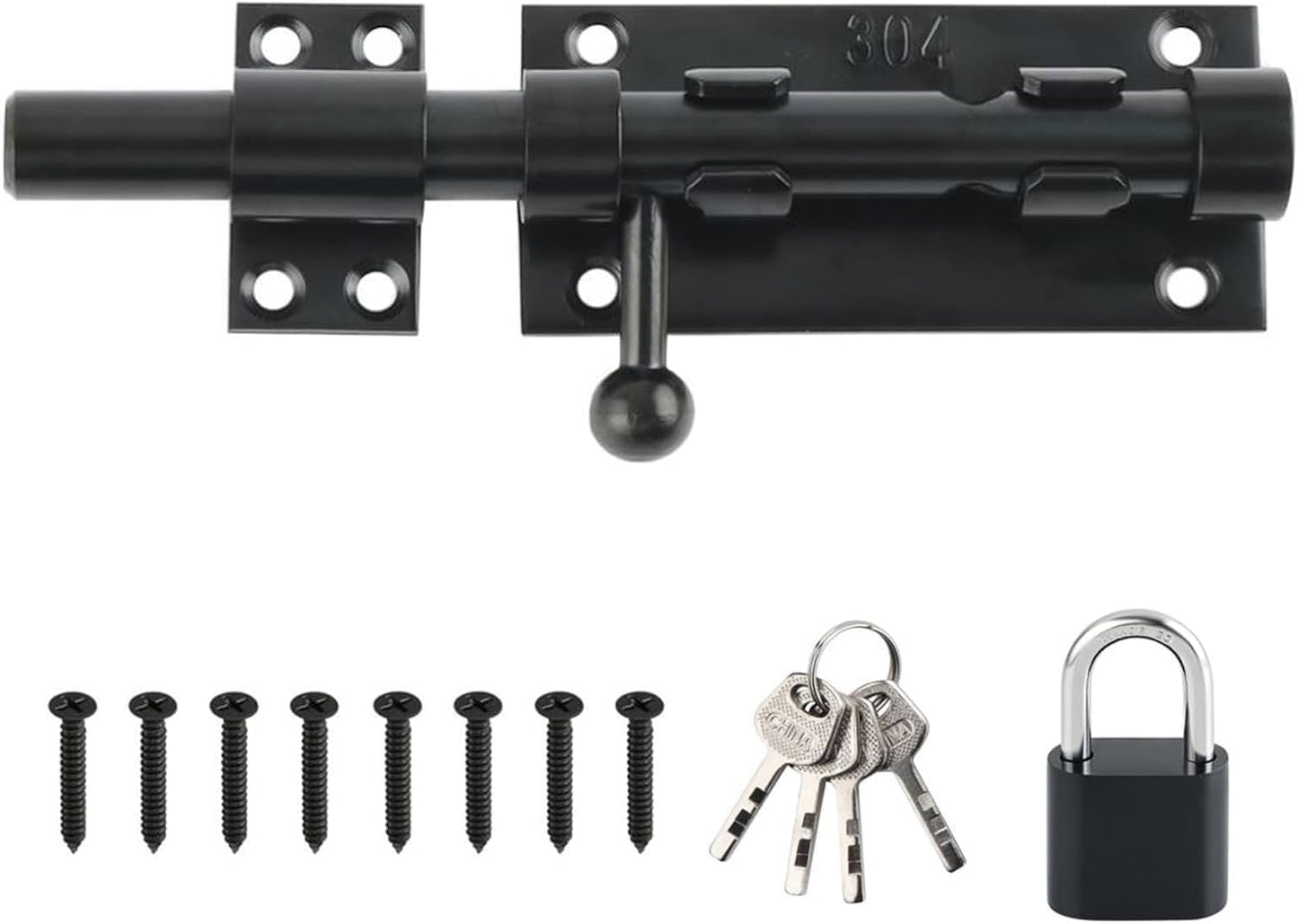 Outdoor Fence Gate Slide Bolt Latch Set with Padlock - Heavy Duty Barrel Bolt Locks for Wooden Fence, Shed, Door - Gate Hardware Kit