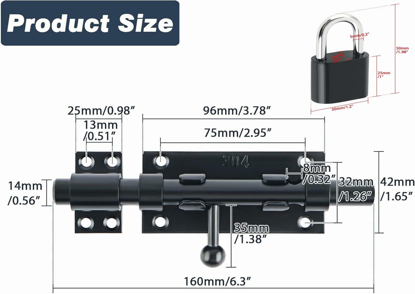 Outdoor Fence Gate Slide Bolt Latch Set with Padlock - Heavy Duty Barrel Bolt Locks for Wooden Fence, Shed, Door - Gate Hardware Kit