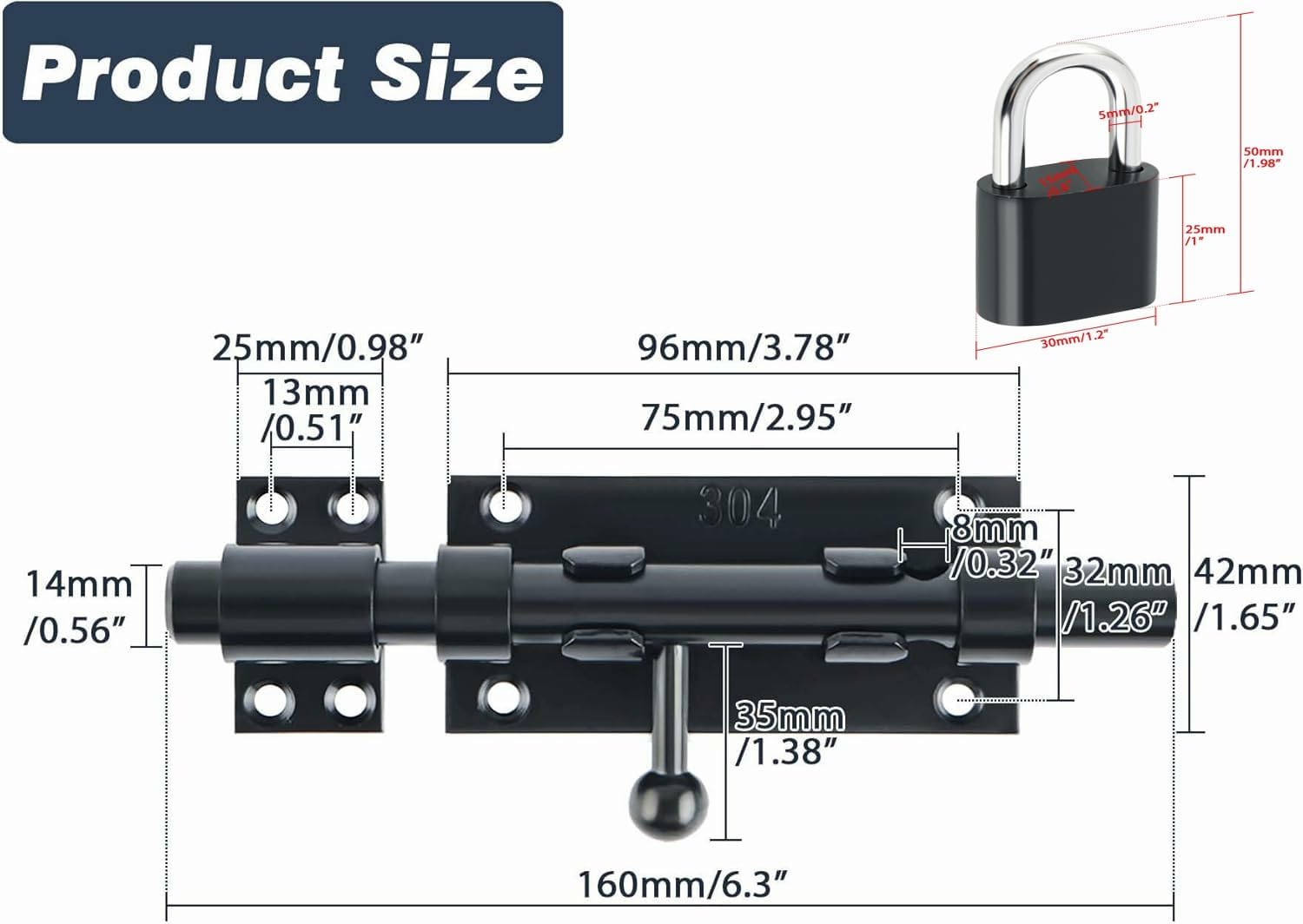 Outdoor Fence Gate Slide Bolt Latch Set with Padlock - Heavy Duty Barrel Bolt Locks for Wooden Fence, Shed, Door - Gate Hardware Kit
