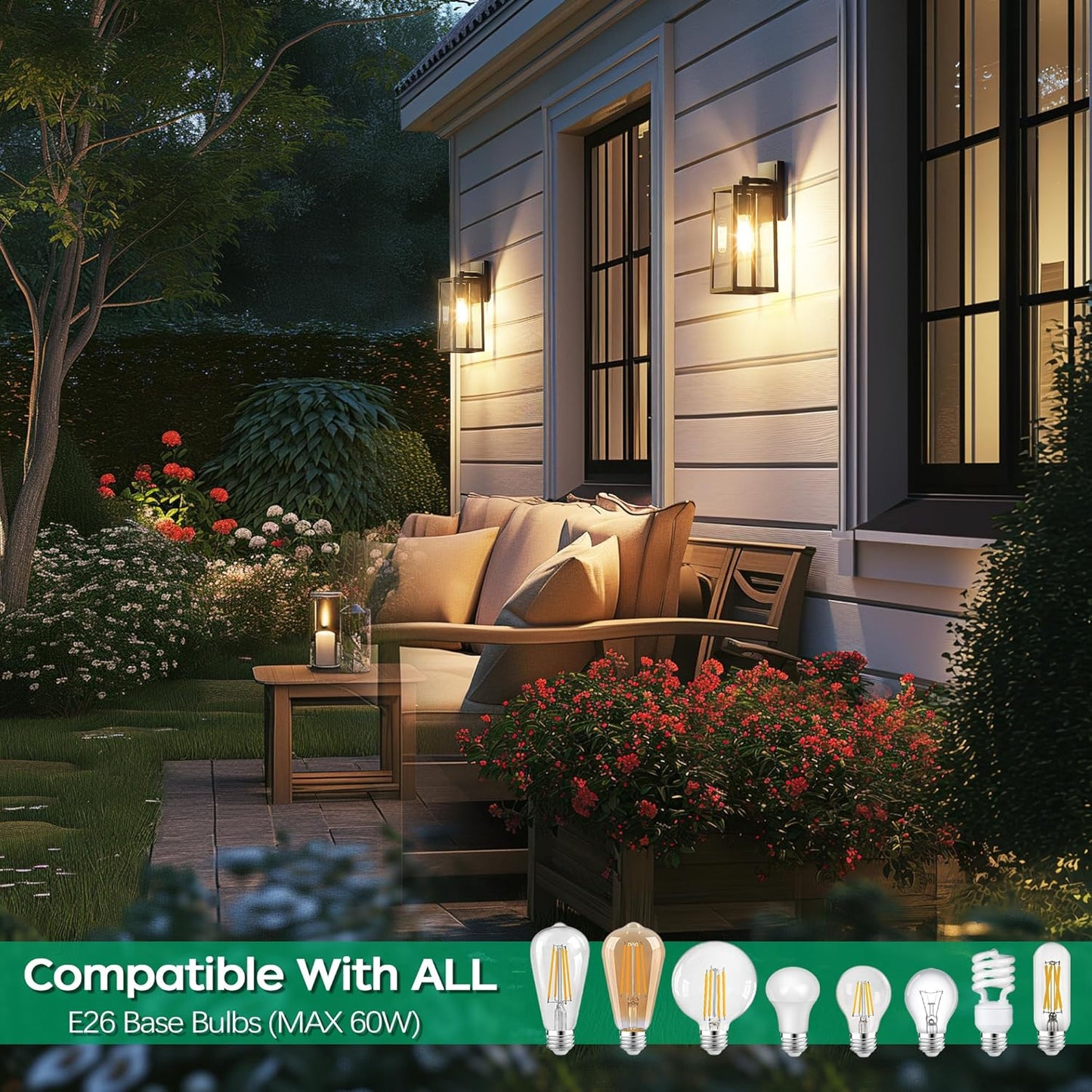 Outdoor Wall Mount Light Fixtures, Waterproof Exterior Sconces with Clear Glass, Black Aluminum, Anti-Rust for Garage, Doorway - 2 Pack