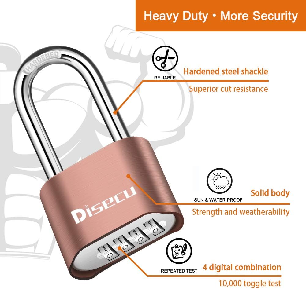 Outdoor Waterproof Heavy Duty 4 Digit Combination Lock with Long Shackle for School Gym Locker, Hasp Storage, Fence, Gate - Brass - WildKart