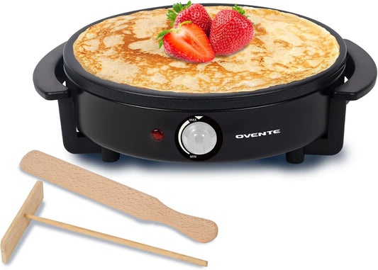 OVENTE 12-Inch Electric Crepe Maker and Pancake Griddle Cooktop with Nonstick Hot Plate - Black