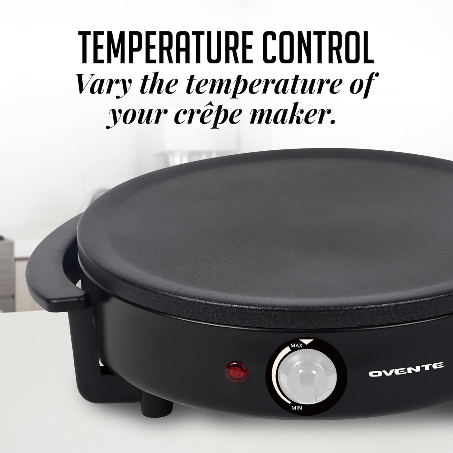 OVENTE 12-Inch Electric Crepe Maker and Pancake Griddle Cooktop with Nonstick Hot Plate - Black
