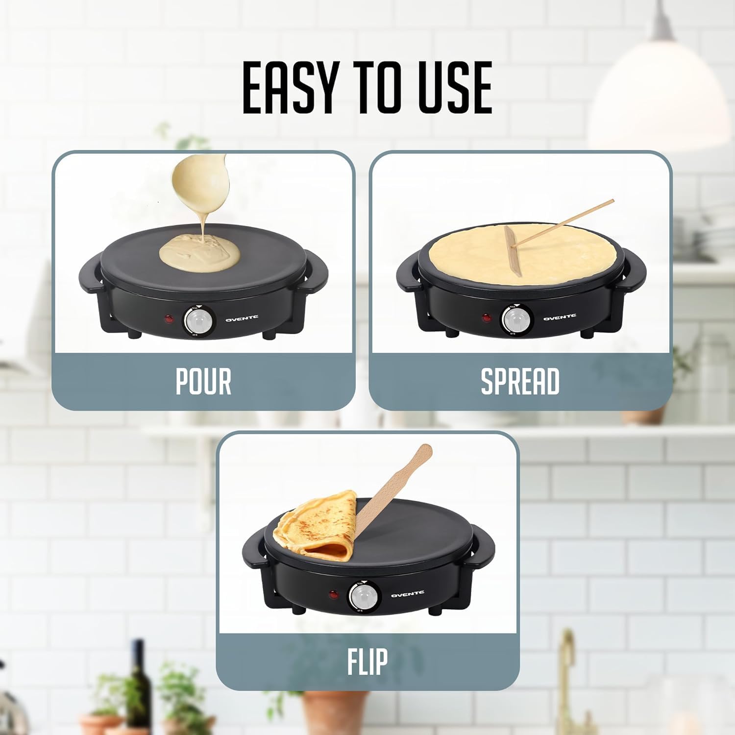 OVENTE 12-Inch Electric Crepe Maker and Pancake Griddle Cooktop with Nonstick Hot Plate - Black