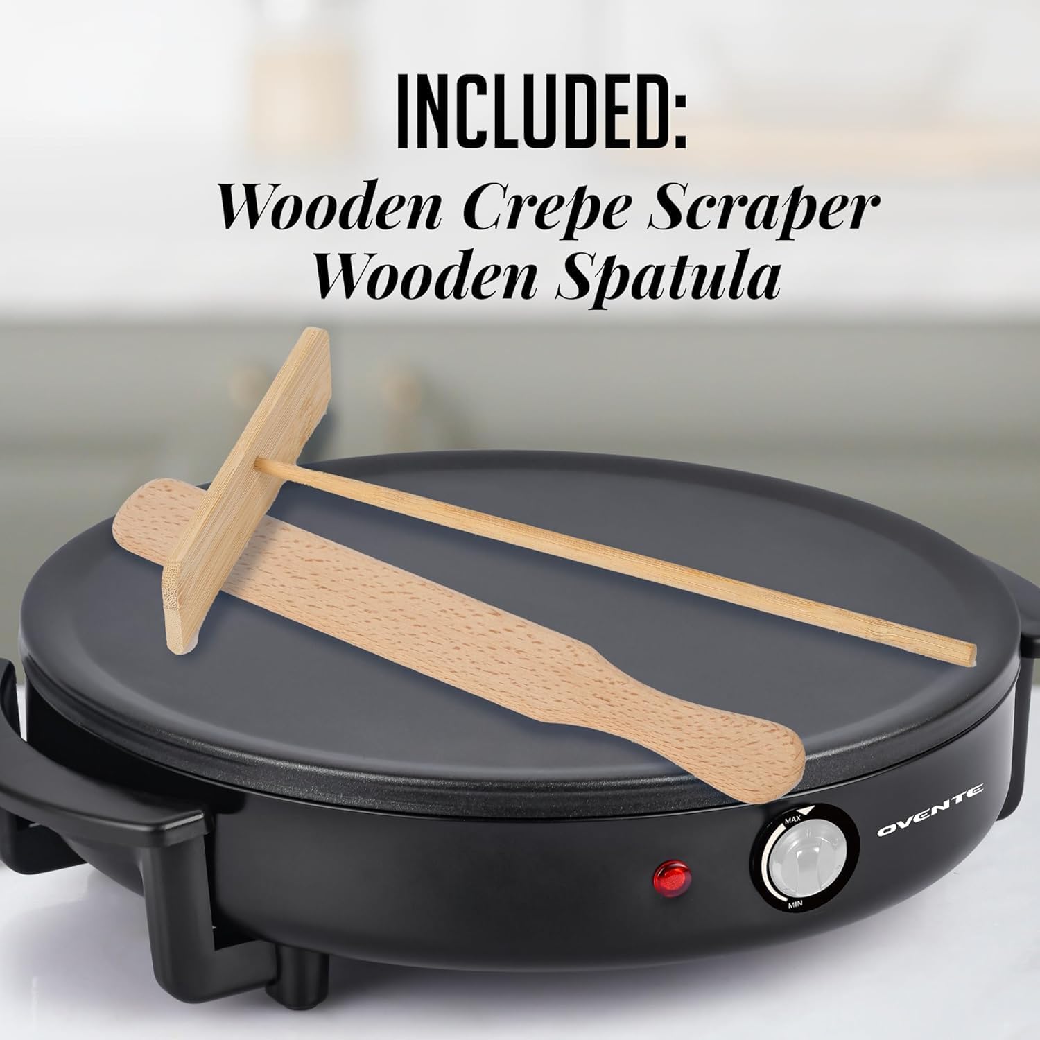 OVENTE 12-Inch Electric Crepe Maker and Pancake Griddle Cooktop with Nonstick Hot Plate - Black