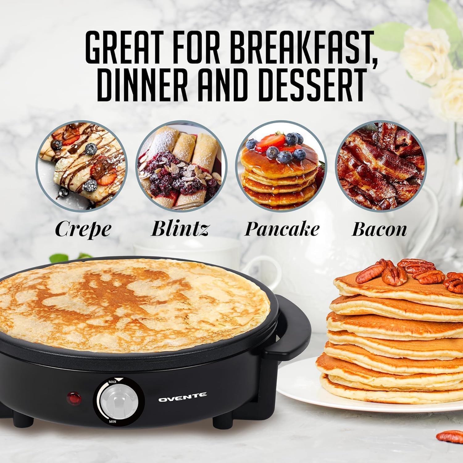 OVENTE 12-Inch Electric Crepe Maker and Pancake Griddle Cooktop with Nonstick Hot Plate - Black