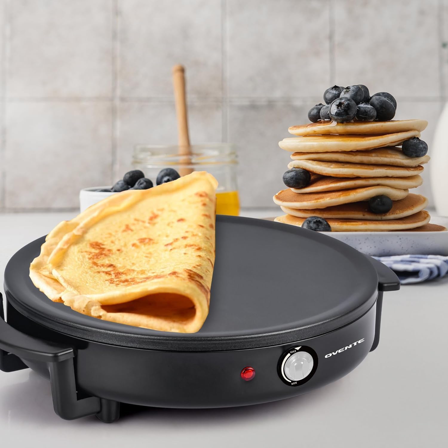 OVENTE 12-Inch Electric Crepe Maker and Pancake Griddle Cooktop with Nonstick Hot Plate - Black