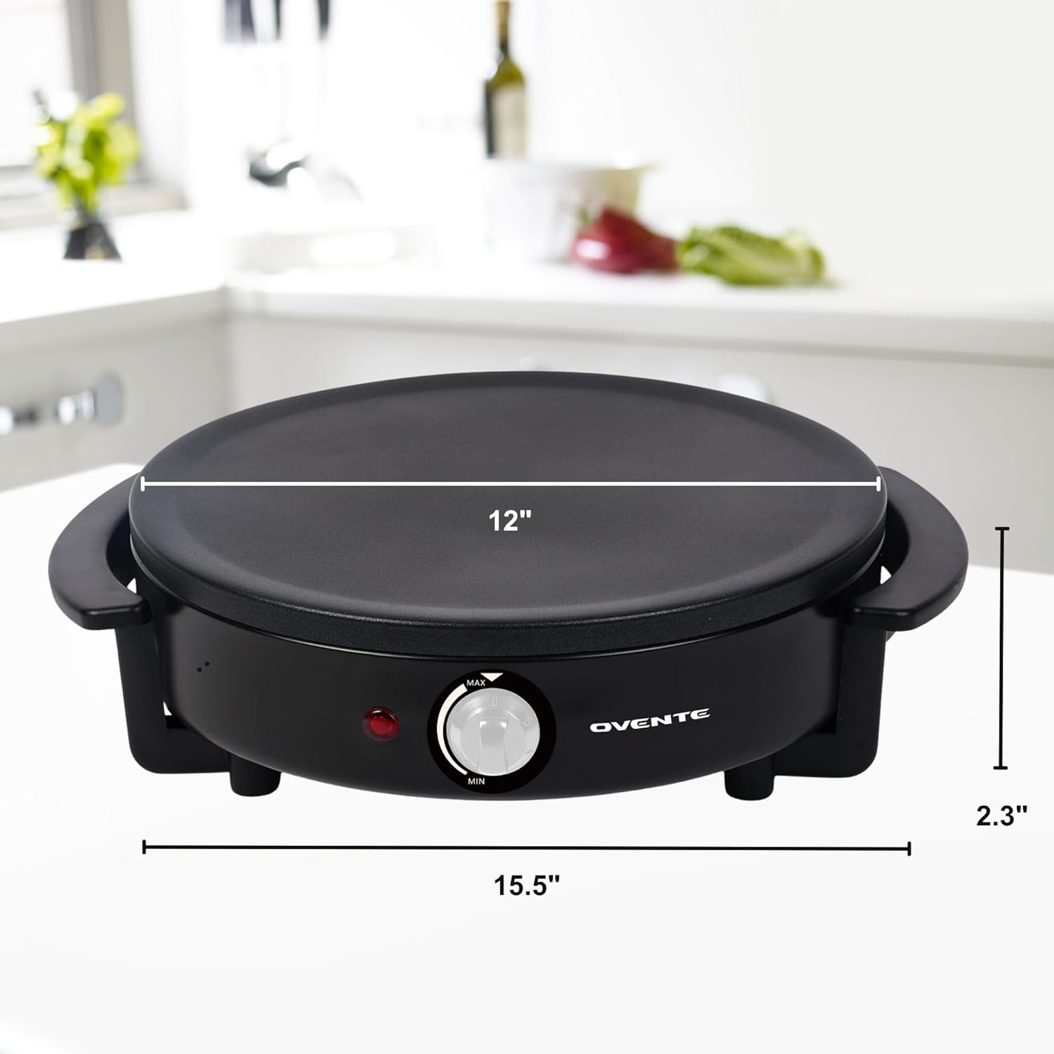 OVENTE 12-Inch Electric Crepe Maker and Pancake Griddle Cooktop with Nonstick Hot Plate - Black