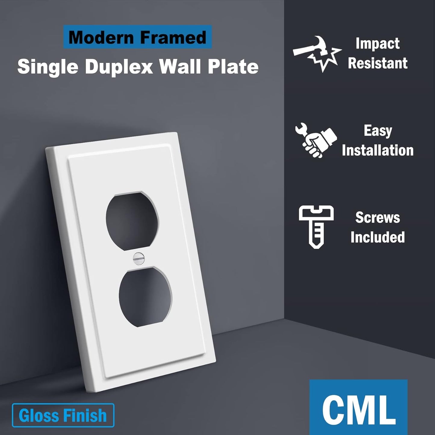 Pack of 10 CML Hardware CML Modern Framed Single Duplex Wall Plate Covers, 1-Gang Switch Plates, Impact Resistant Polycarbonate, Standard Size 3.15”X 4.87”, UL Listed, White