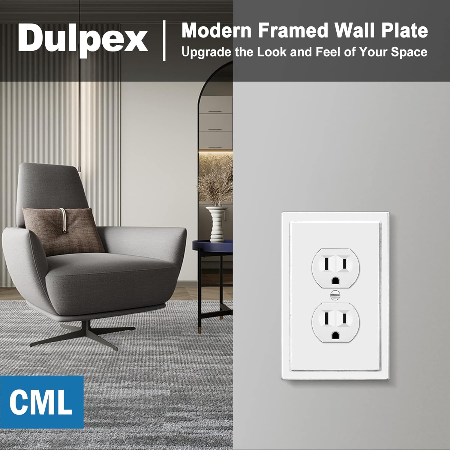 Pack of 10 CML Hardware CML Modern Framed Single Duplex Wall Plate Covers, 1-Gang Switch Plates, Impact Resistant Polycarbonate, Standard Size 3.15”X 4.87”, UL Listed, White