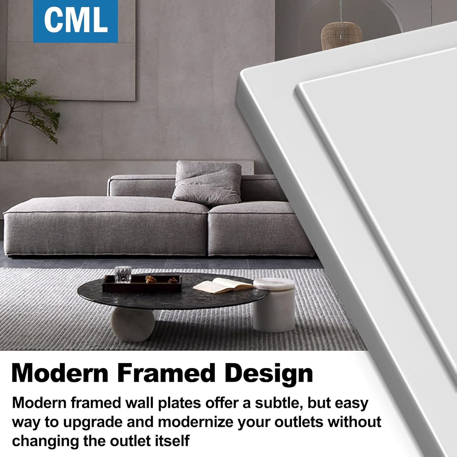 Pack of 10 CML Hardware CML Modern Framed Single Duplex Wall Plate Covers, 1-Gang Switch Plates, Impact Resistant Polycarbonate, Standard Size 3.15”X 4.87”, UL Listed, White