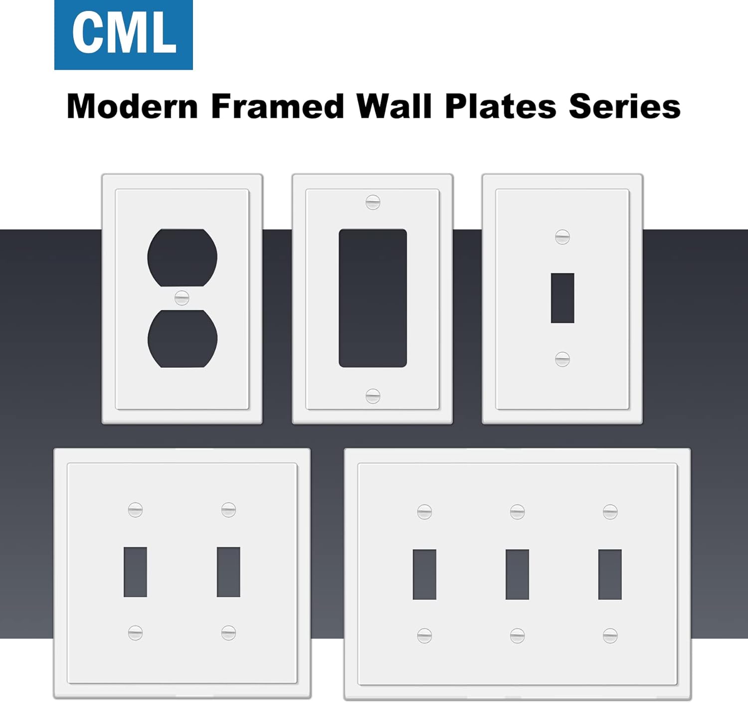 Pack of 10 CML Hardware CML Modern Framed Single Duplex Wall Plate Covers, 1-Gang Switch Plates, Impact Resistant Polycarbonate, Standard Size 3.15”X 4.87”, UL Listed, White