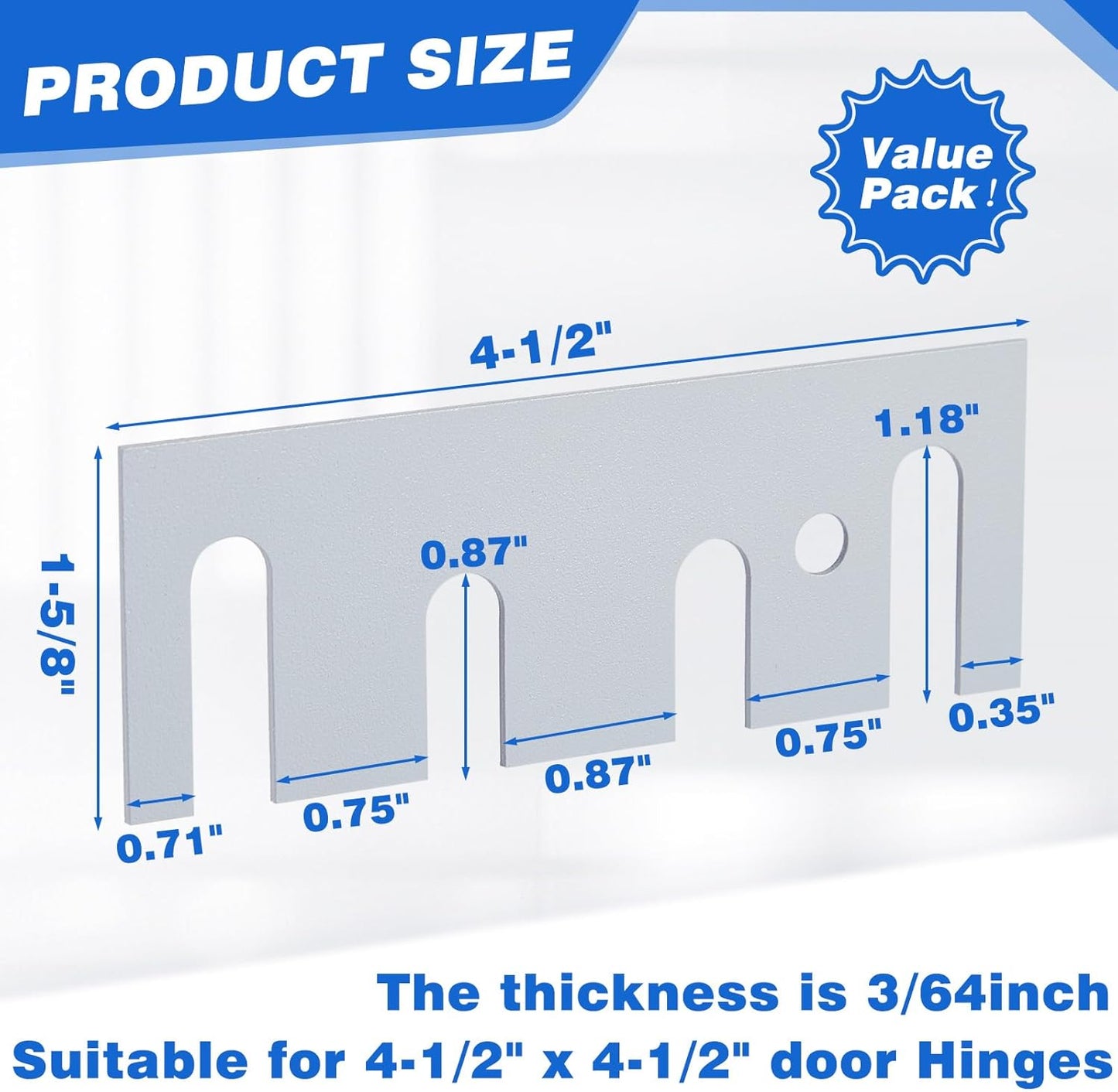 Pack of 10 Gray Stainless Steel Door Hinge Repair Kit Shims - 16 Gauge Steel, Coated Finish, 4-1/2" Length x 1-5/8" Width