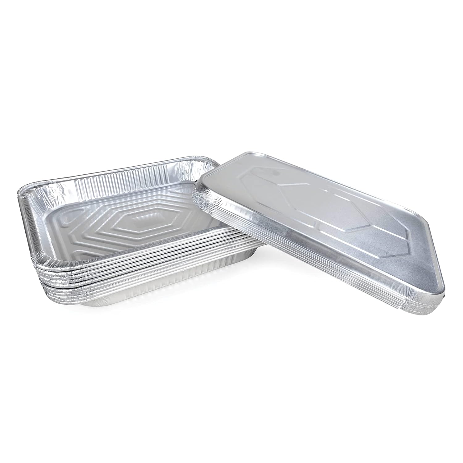 Pack of 10 Half-Size Aluminum Steam Table Pans with Lids - Shallow 13" x 11" x 1.5" - Disposable Foil Pans for Grilling, Roasting, BBQ, Cooking - Ideal for Baking and Freezing
