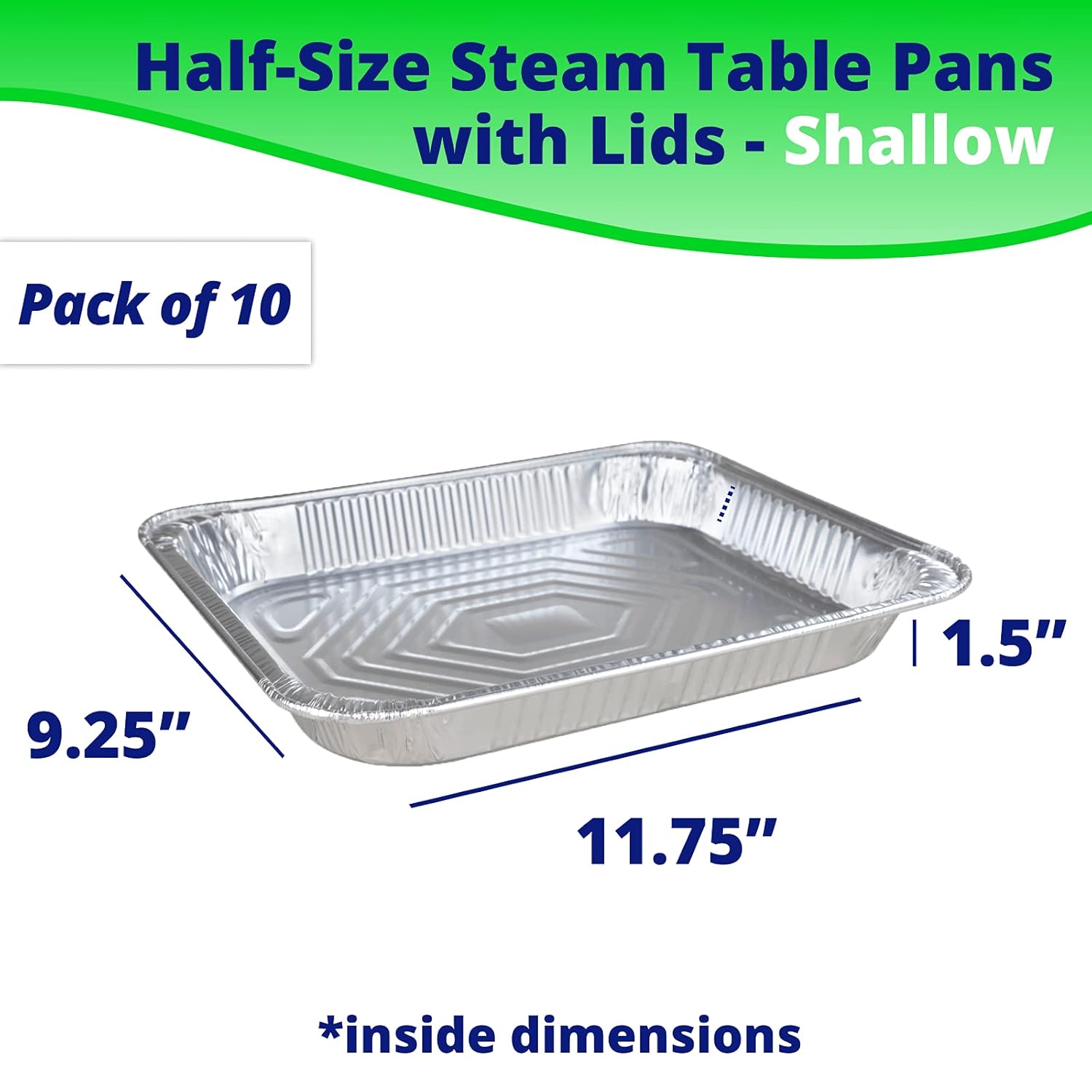 Pack of 10 Half-Size Aluminum Steam Table Pans with Lids - Shallow 13" x 11" x 1.5" - Disposable Foil Pans for Grilling, Roasting, BBQ, Cooking - Ideal for Baking and Freezing
