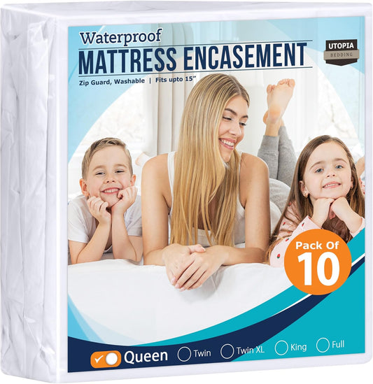 Pack of 10 Utopia Bedding Zippered Queen Mattress Encasements - 100% Waterproof, Bed Bug & Dust Mite Proof, Six-Sided Cover