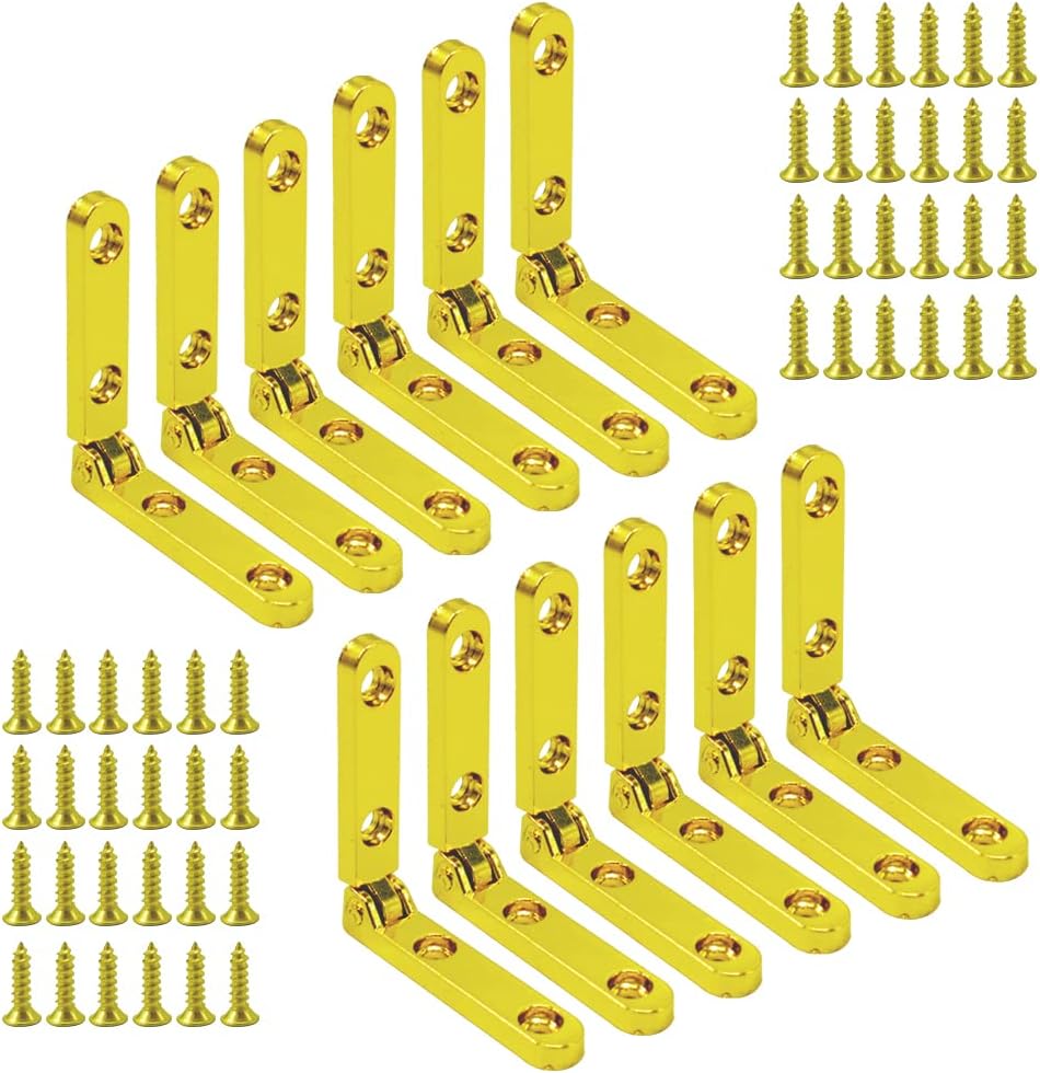 Pack of 12 Alamic Mini 90 Degree Golden Hinges with Screws for Wood & Jewelry Boxes