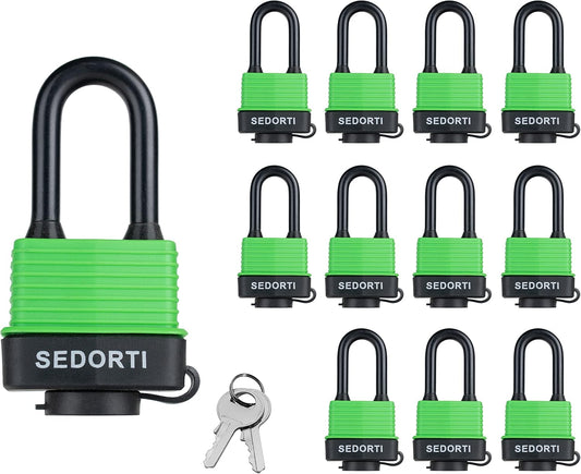 Pack of 12 SEDORTI Colored Waterproof Padlocks - Heavy Duty Laminated Steel Locks with Green Plastic Cover, Keyed Alike Outdoor Locks for Lockout Tagout - Long Padlocks for Security - WildKart