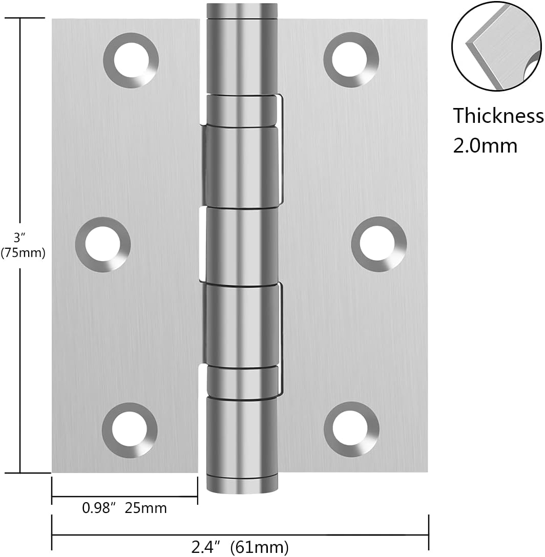 Pack of 2 3" x 2.5" 304 Stainless Steel Door Hinges for Commercial and Residential Use, 3 Inch Ball Bearing Hinge with Square Corners in Silver