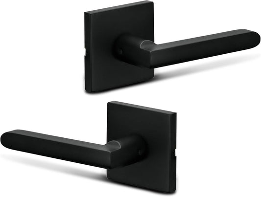 Pack of 2 Berlin Modisch Slim Square Non-Turning Lever Door Handles - Single Side Pull Only Set for Closets or French Doors - Heavy Duty Iron Black Finish
