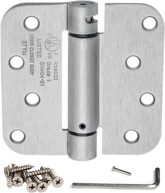 Pack of 2 Dynasty Hardware 4 inch Self Closing Spring Loaded Door Hinges with 5/8" Radius Corners in Satin Nickel
