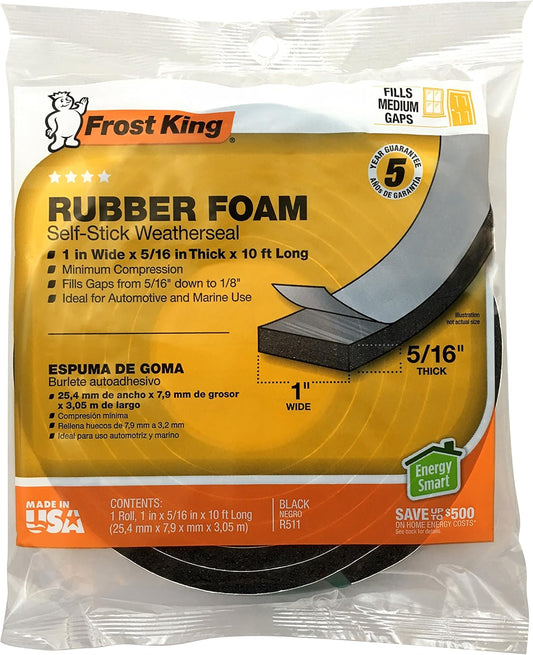 Pack of 2 Frost King P Self-Stick Rubber Foam Weatherseal Strips - 1" W, 5/16" T, 10 ft L - Black Color