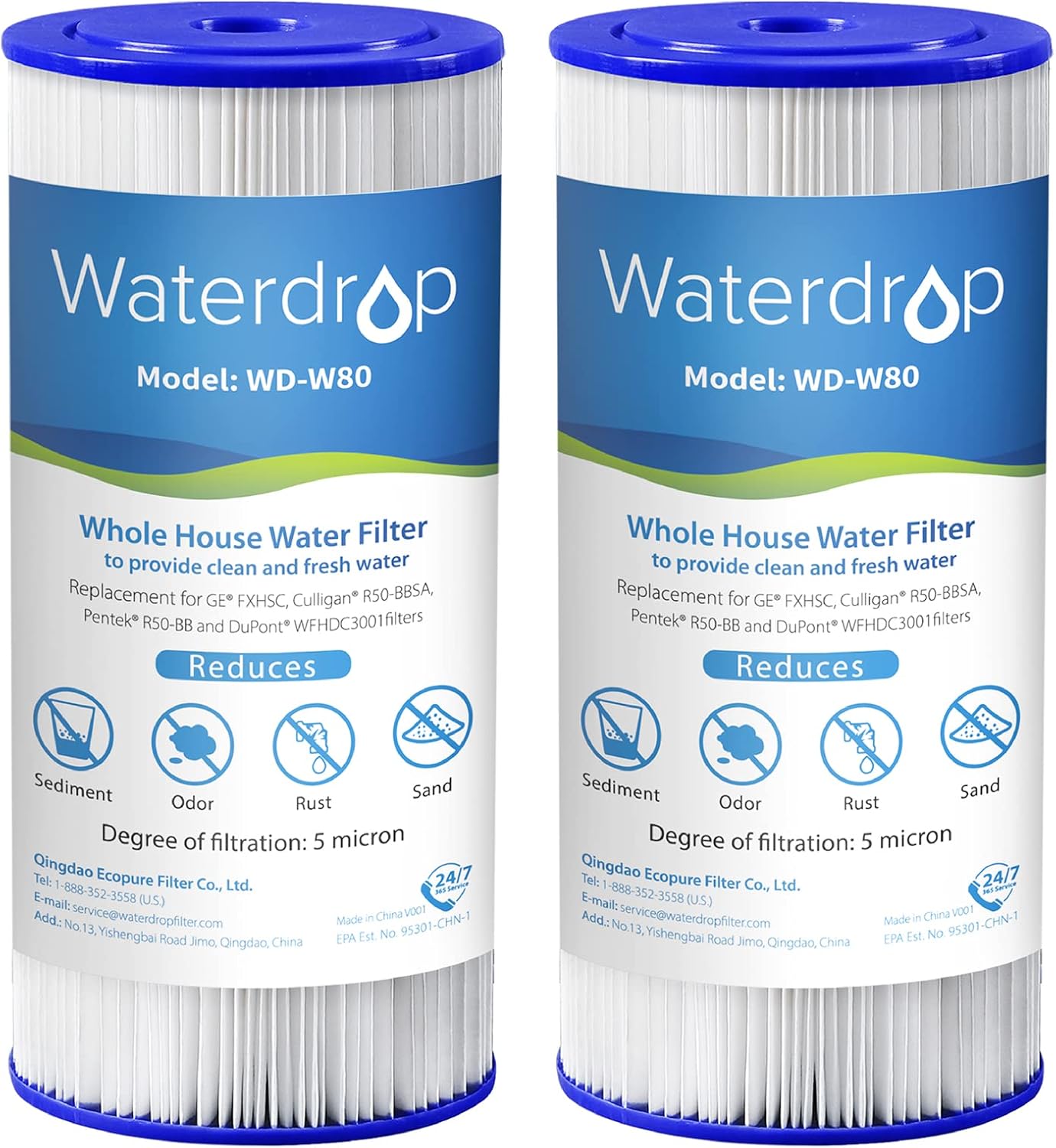Pack of 2 Waterdrop FXHSC Whole House Water Filter Replacements for GE® FXHSC, GXWH40L, GXWH35F - 5 Micron, 10" x 4.5" Sediment Filters - High Flow