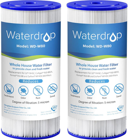 Pack of 2 Waterdrop FXHSC Whole House Water Filter Replacements for GE® FXHSC, GXWH40L, GXWH35F - 5 Micron, 10" x 4.5" Sediment Filters - High Flow