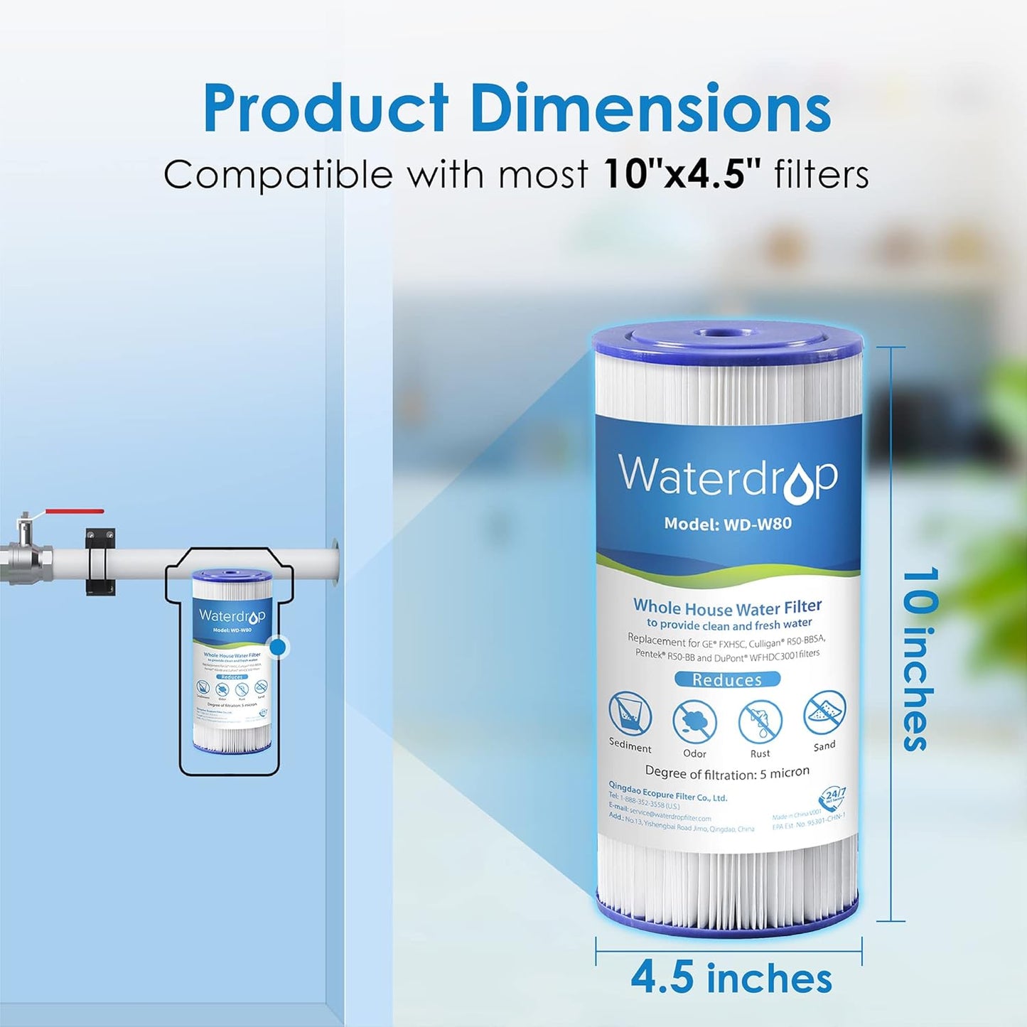 Pack of 2 Waterdrop FXHSC Whole House Water Filter Replacements for GE® FXHSC, GXWH40L, GXWH35F - 5 Micron, 10" x 4.5" Sediment Filters - High Flow