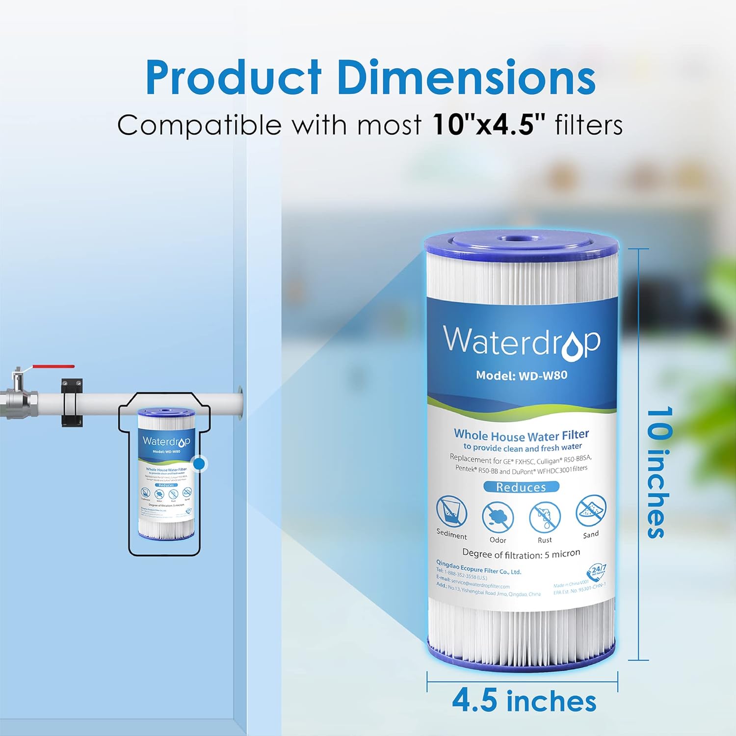 Pack of 2 Waterdrop FXHSC Whole House Water Filter Replacements for GE® FXHSC, GXWH40L, GXWH35F - 5 Micron, 10" x 4.5" Sediment Filters - High Flow