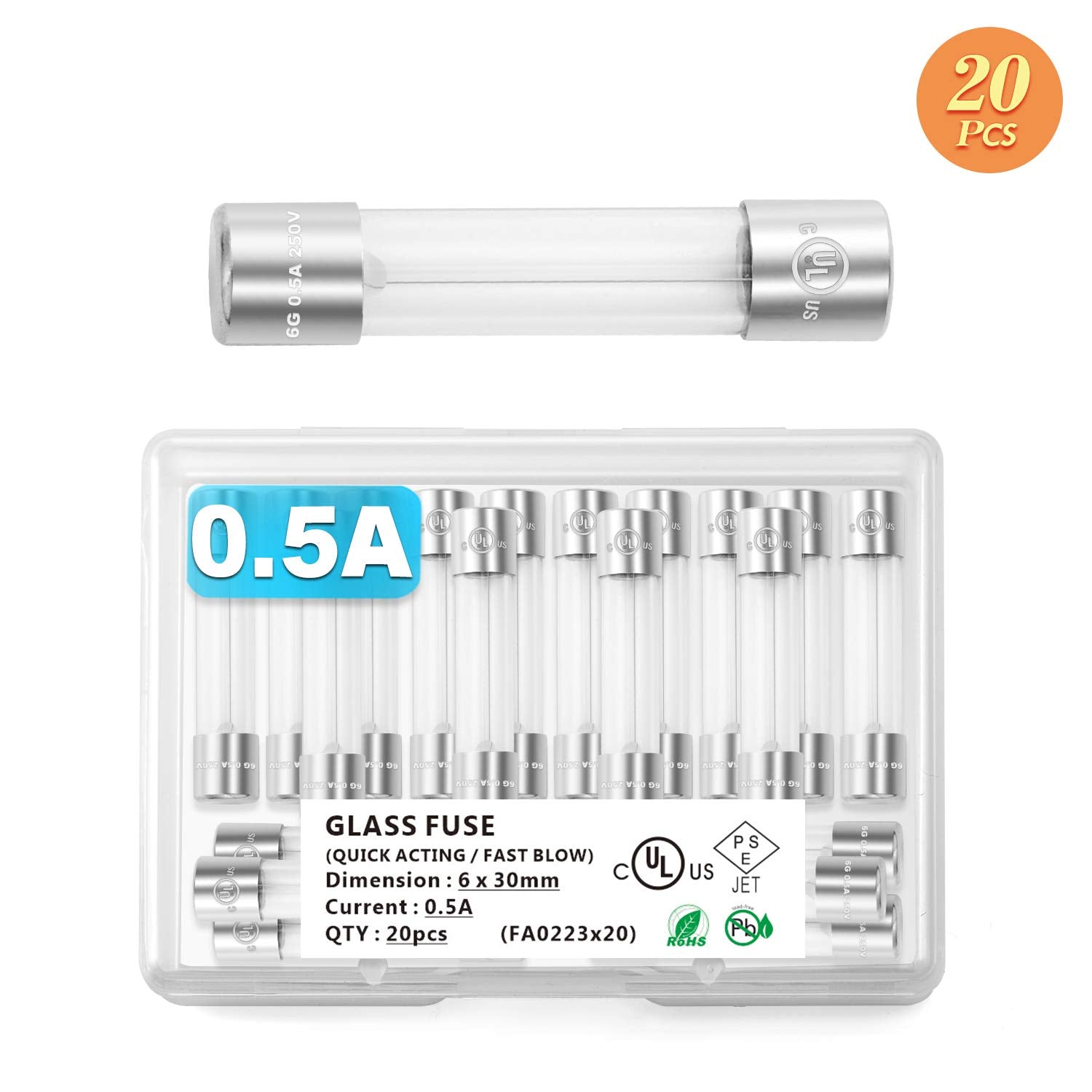 Pack of 20 Chanzon UL Listed 6x30mm 0.5A Glass Fuses - Fast Blow Cartridge Tube Fuse - 125V/250V - f500mal - 6.4mmx30.3mm
