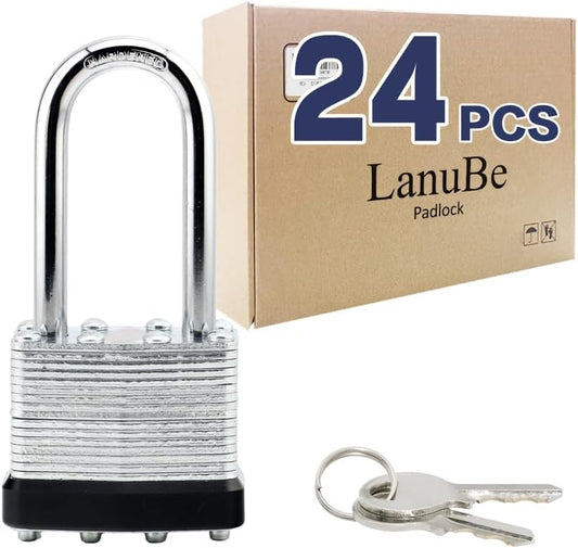 Pack of 24 LanuBe Lock Laminated Keyed Alike Padlocks with Long Shackle and Black Plastic Hoop