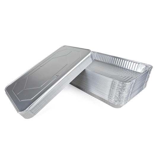 Pack of 25 Medium Full Size Aluminum Steam Table Pans with Lids - 21" x 13" x 2.25" - Disposable Foil Pans for Grilling, Roasting, BBQ, Cooking, Baking
