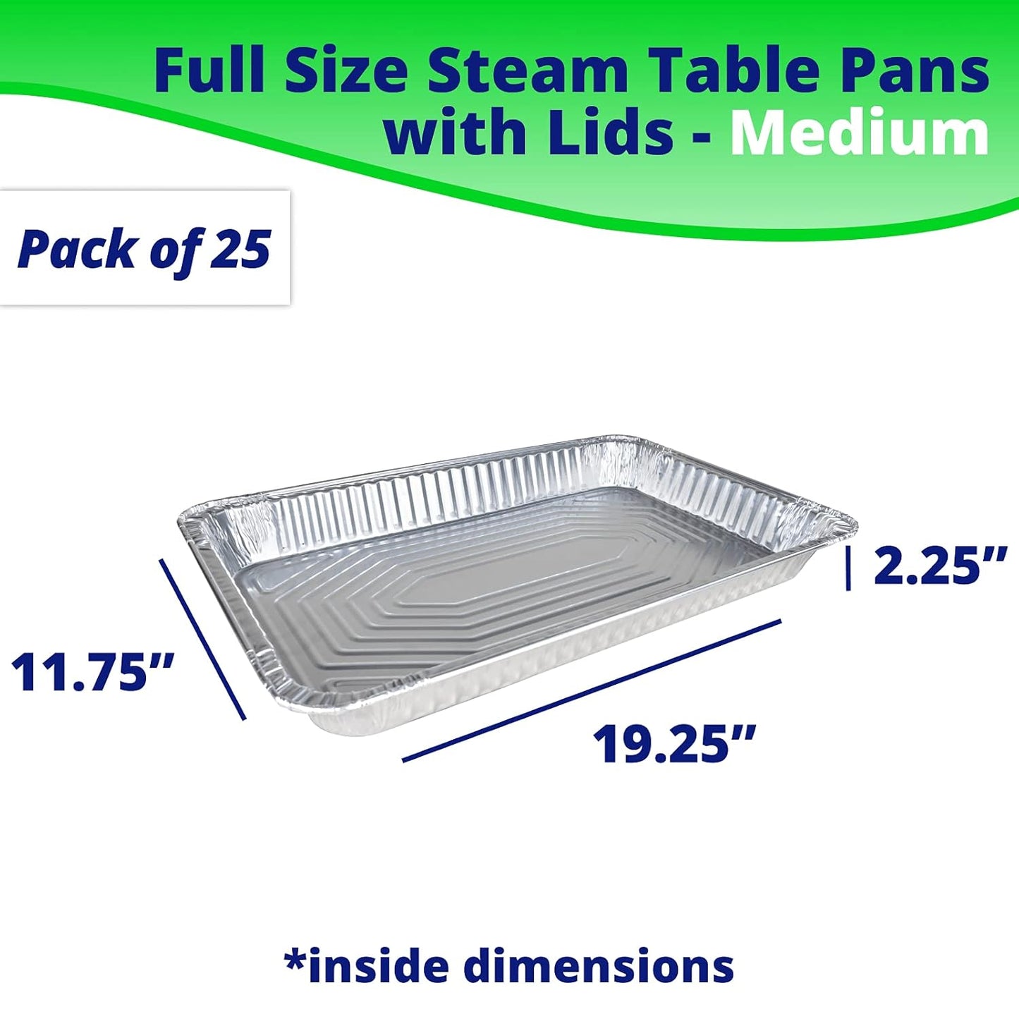 Pack of 25 Medium Full Size Aluminum Steam Table Pans with Lids - 21" x 13" x 2.25" - Disposable Foil Pans for Grilling, Roasting, BBQ, Cooking, Baking